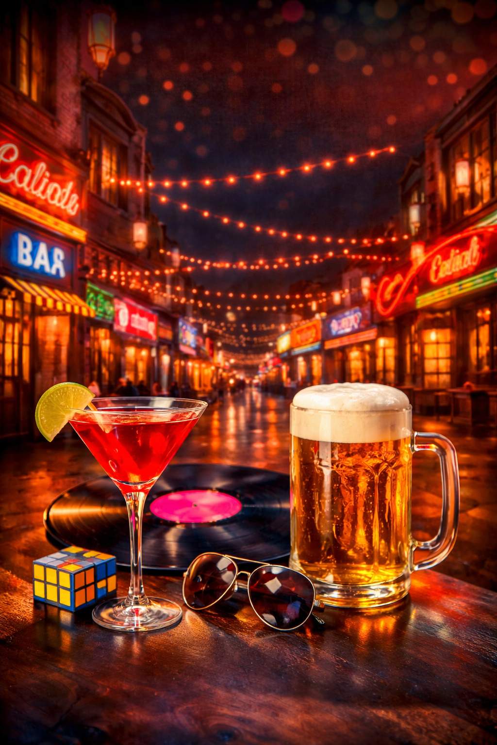 Best nightlife experience in Frisco TX with retro street bar ambiance, cocktails, and vibrant night scene