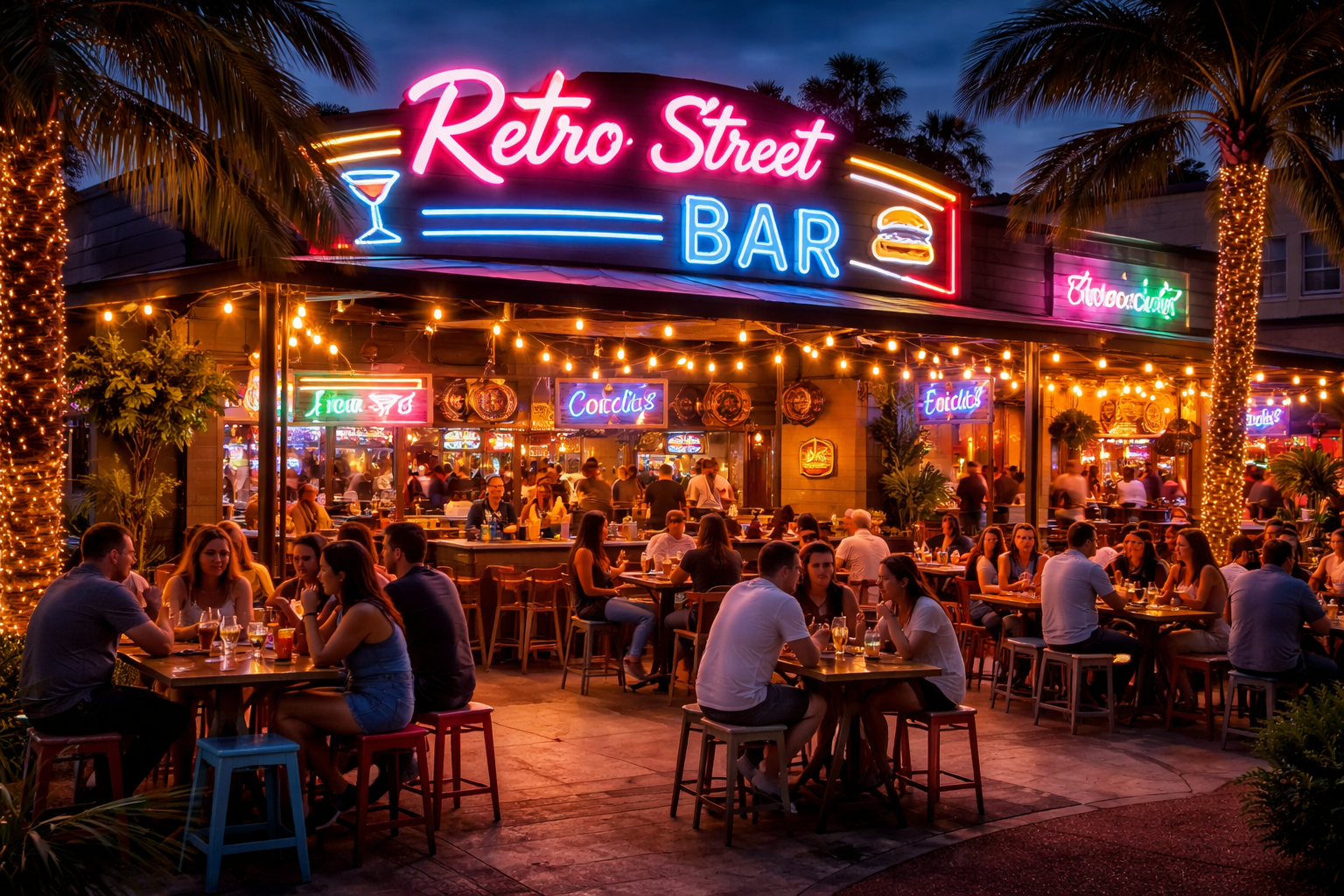 Weekend crowd enjoying vibrant nightlife and outdoor seating at Retro Street Bar in Frisco