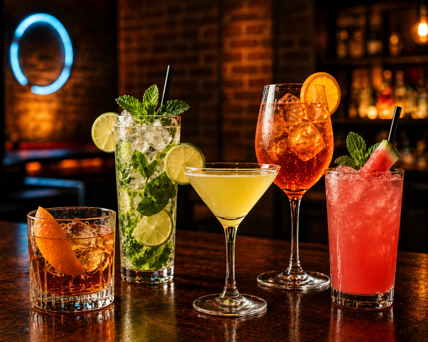 Colorful happy hour cocktails served on a bar table with vibrant lighting at Retro Street Bar